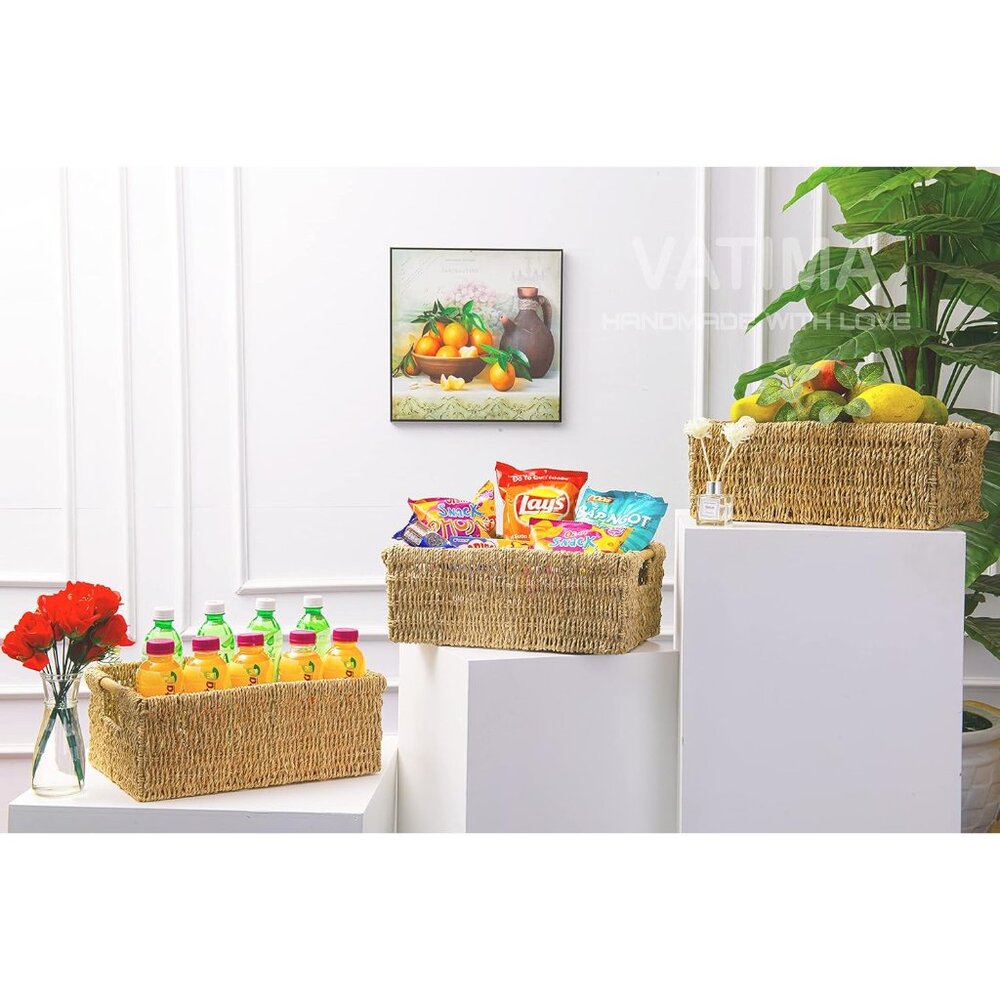 Large Natural Wicker Basket Rectangular with Wooden Handles, Seagrass Storage fo - Picture 8 of 9